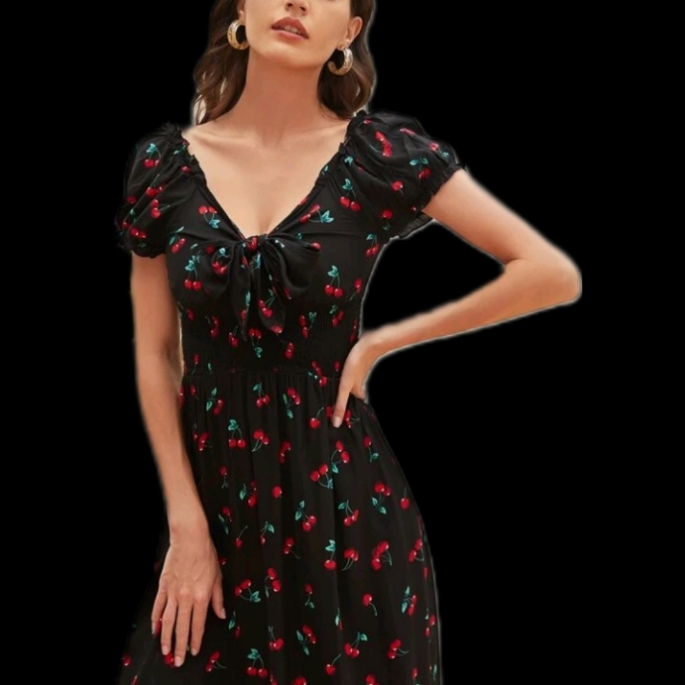 Boho 🍒 🍒🍒Cherry Print  Black and red  dress size M